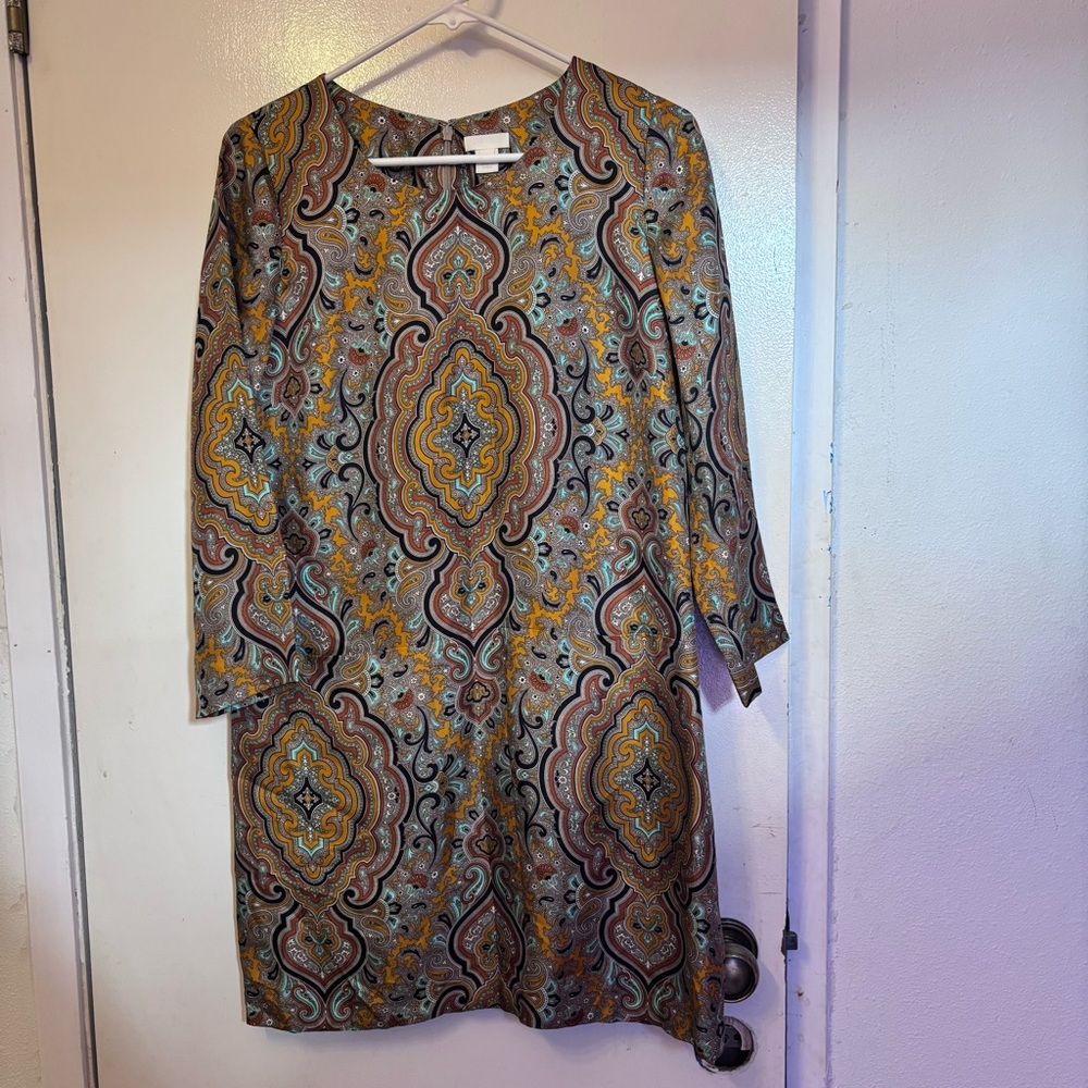 J. Crew Paisley-Print Shift Dress in Mustard, Teal, Brown, and Cream
